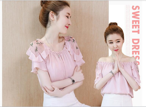 Chiffon shirt short sleeve summer dress 2018 new tide small fresh shoulder flower top leakage clavicle super fairy sweet