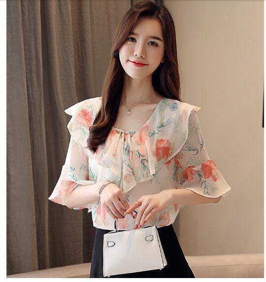 Chiffon flower shirt short sleeve women's summer 2018 new floral small fresh coat ruffled shirt super fairy sweet foreign flavor