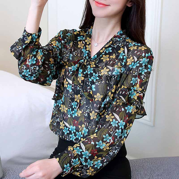 2018 new women's spring wear floral chiffon shirts women's long-sleeved western style jacket over belly shirt chiffon shirt trend