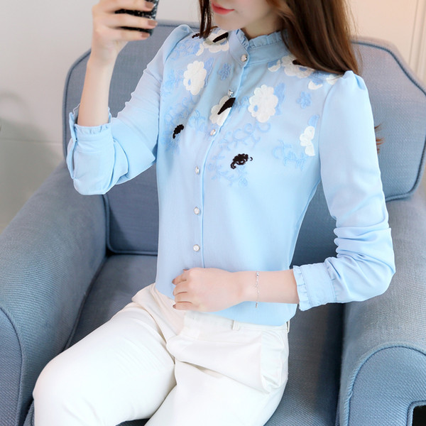 2018 spring dress new Korean version collar white embroidered shirt long sleeve chiffon blouse slim bottoming shirt