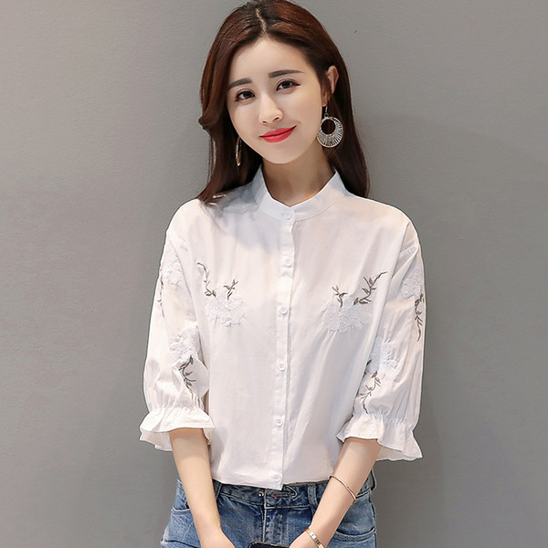 Summer seven-cuff white cotton shirt female 2018 new embroidered short-sleeved shirt students small fresh clothing coat