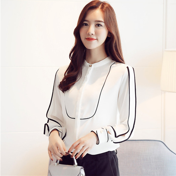 Long-sleeved white shirt women 2018 spring wear new han fan wide loose sensible thin chiffon shirt professional OL vertical collar top