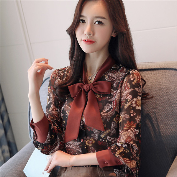 Bow tie broken flower shirt long sleeved women's long sleeves, 2018 spring shirts female loose impact printed chiffon blouse.