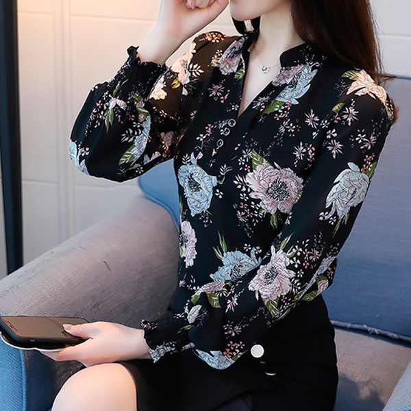 Spring 2018 women's fashion collar long sleeve shirt large flower print chiffon floral shirt