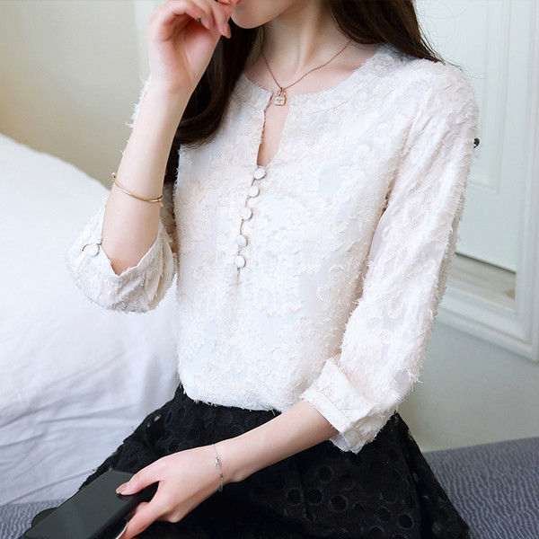 Spring and summer new women's wear 2018 Korean Edition seven points sleeves blouses bow ties chiffon shirts western style shirts.