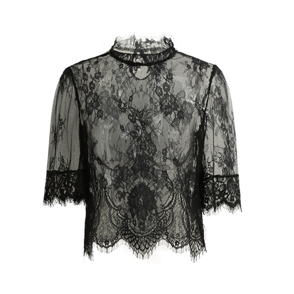 Mesh Shirt Clubwear Blusas Black Sexy Sheer Lace Crop Top Women Embroidery Lace Tops High Neck Half Sleeve Ladies Blouse