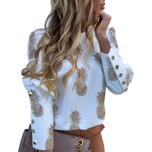 Elegant Puff Shoulder Blouse Shirts Office Lady Autumn Metal Buttoned Detail Blouses Women Pineapple Print Long Sleeve Tops New