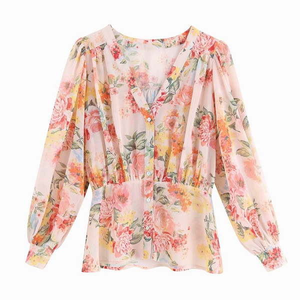 Chic Women Chiffon Blouse and Shirt Summer 2019 New Fashion Floral Prints Chiffon V-Neck Feminino Blusa Female Sunscreen Tops