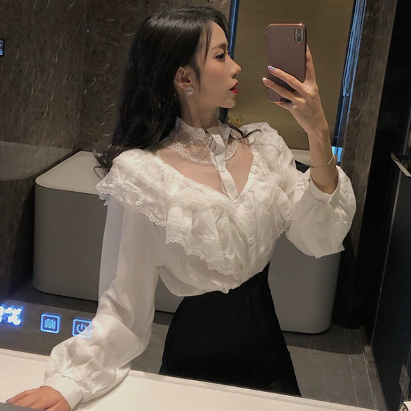 Sexy Blouse Woman Temperament Lace Stitching Flounced Long Sleeve Shirt Retro Solid Color Lantern-Sleeve Blouses Shirts Female