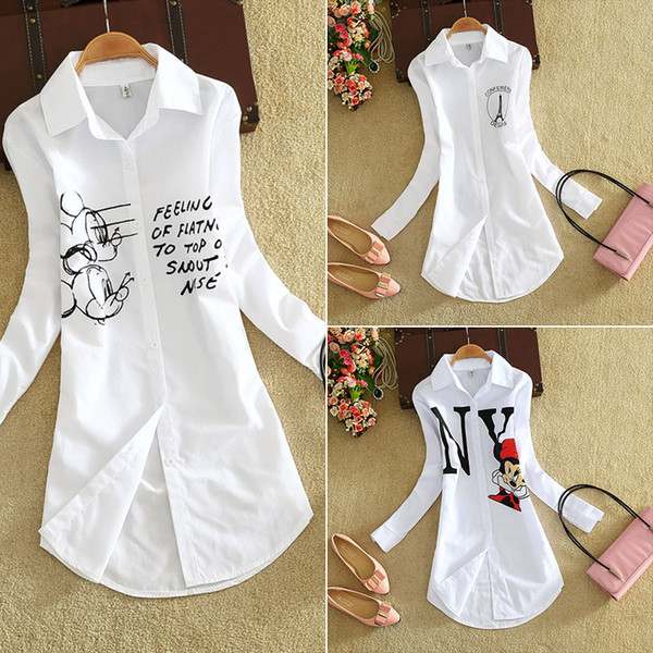 New arrive cartoon print loose long sleeve white shirt, cartoon women blouse, women shirt blouse