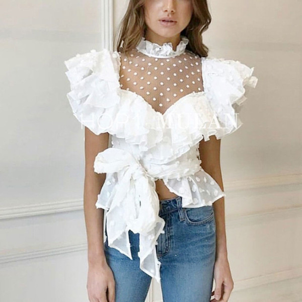 2018 Lace New Style Women White Blouse Shirt Fashion Perspective Dots Pattern Ruffled Sexy Shirt Top Long Sleeve Women Blouses