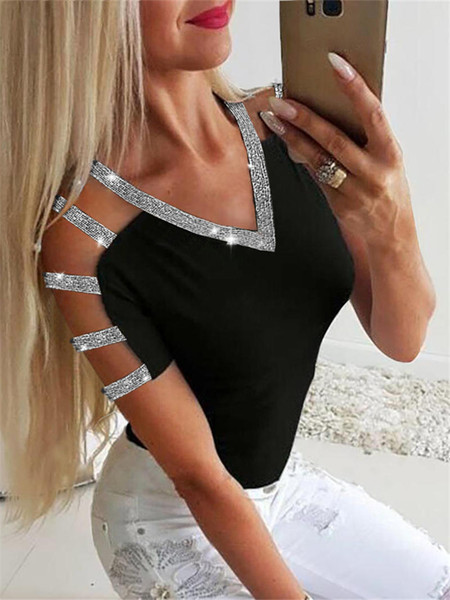 5XL 2019 Summer Women Elegant Short Sleeve Leisure Top Female Leisure Basic Shirt Glitter Ladder Cutout Sleeve Casual Blouse