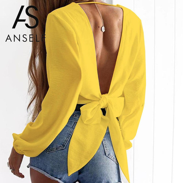 Anself Blusas mujer de moda Fashion Women Tie-Back Blouse Deep V Neck Long Sleeve Blouses Sexy Cutout Shirt Crop Top Yellow T519053101