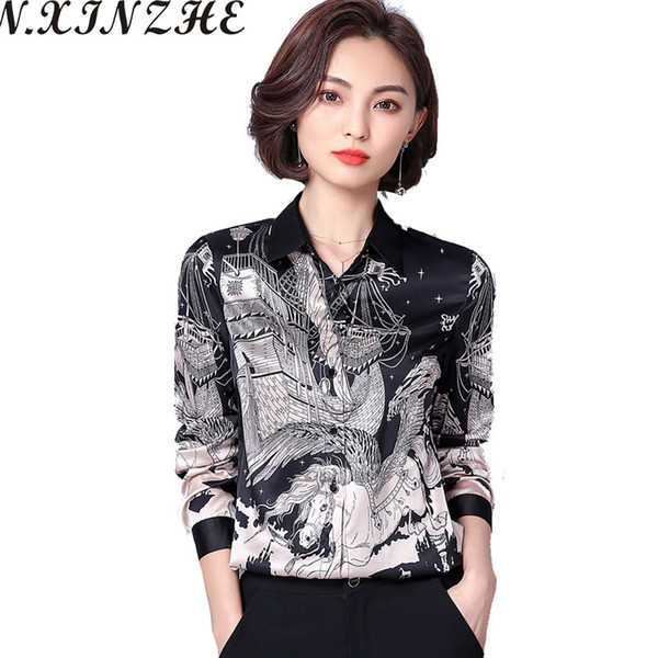 N.XINZHE Spring Man-made Silk Casual Blouse summer women long sleeve Turn-down Collar Print Office Blouse shirt women tops