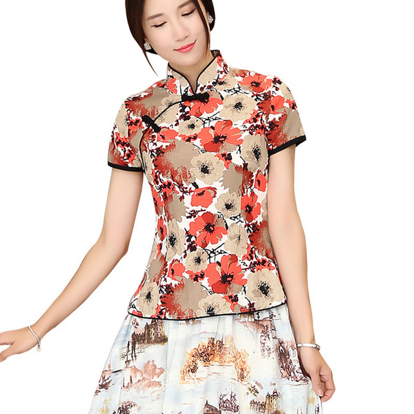 Shanghai Story Mandarin Collar Woman's Qipao Shirt chinese top Short Sleeve cheongsam top traditional Chinese Linen blouse