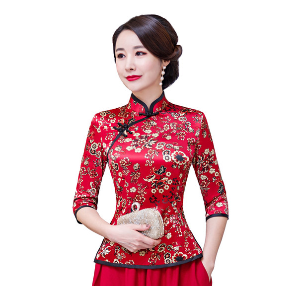 Shanghai Story Floral Cheongsam Shirt Qipao Top 3/4 Sleeve Chinese Traditional Top Faux Silk Chinese Blouse For Women