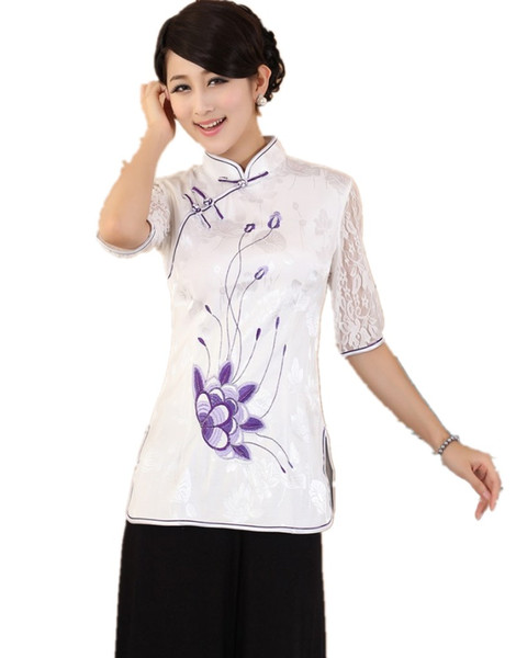 Shanghai Story New arrival chinese style cheongsam top traditional Chinese cotton Top Floral print blouse 2 color