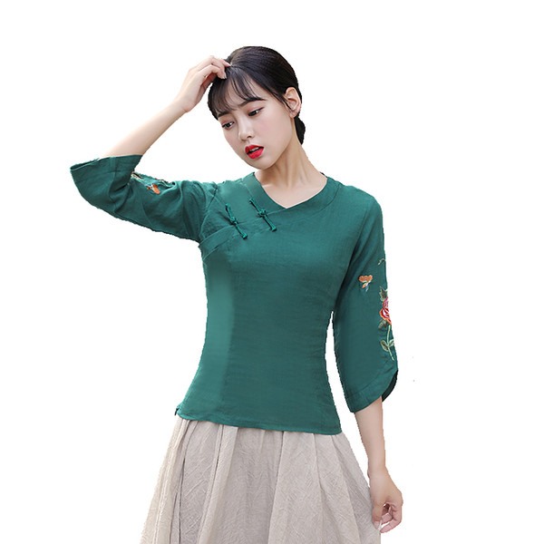 Shanghai Story Flower Embroidery V Neck Collar traditional Chinese tops cheongsam Shirt 3/4 Sleeve chinese Blouses for women