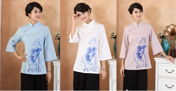 Shanghai Story Chinese Style Cheongsam Top lotus print Women Vintage Shirt Ladies Tang Suit Top Linen Blouse 3 color Qipao Shirt