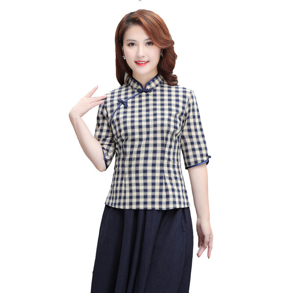 Shanghai Story Half Sleeve chinese Traditional Top Women's Blend Linen Lattice Blouse Chinese Cheongsam Top Plaid Print Qipao Shirt