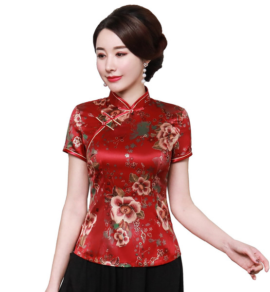 Shanghai Story 2022Cheongsam Shirt Qipao Top Short Sleeve Chinese Traditional Top Faux Silk Chinese Blouse For Women