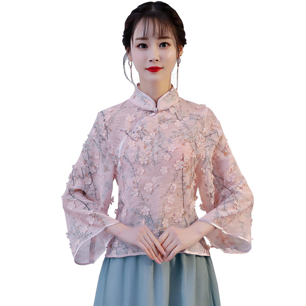 Shanghai Story Female Elegant Embroidery Floral Shirt Chinese Women Exquisite Vintage Flare Sleeve Blouse Lady Mandarin Collar Improved Tops