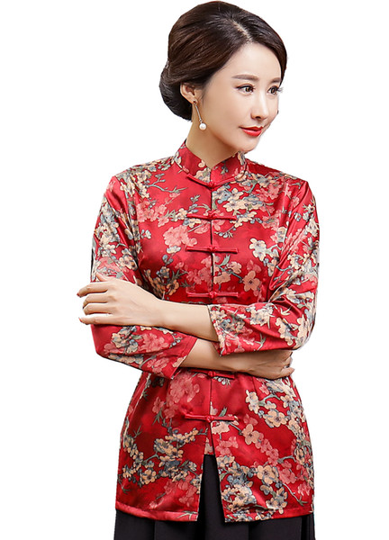 Shanghai Story 3/4 Sleeve Chinese Traditional Summer Top Vintage Women Faux Silk Blouse Shirt Chinese Blouses For Lady Hanfu Tops