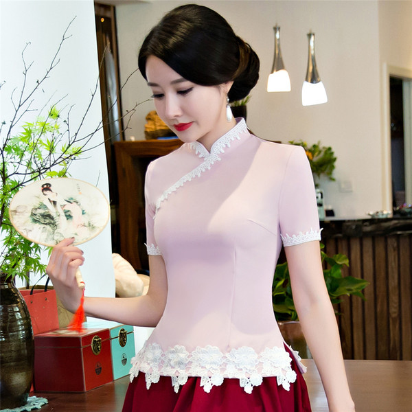 Shanghai Story traditional chinese tops Short Sleeve cheongsam top traditional Chinese Top Lace Blouse top 3 Color