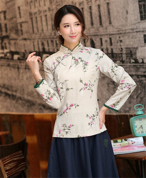 Shanghai Story Mandarin Collar Woman's Shirt chinese traditional top Long Sleeve cheongsam top traditional Chinese Linen blouse