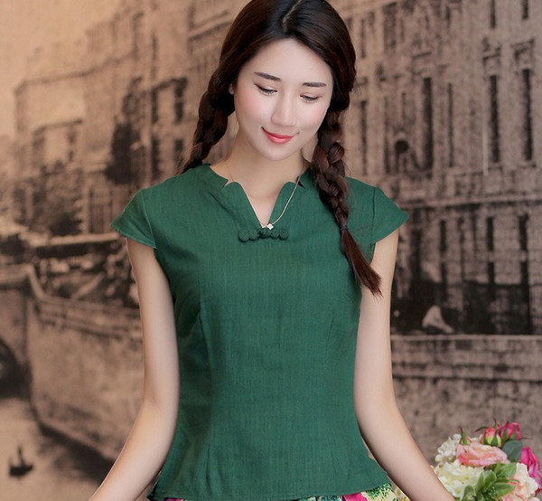 Shanghai Story V Neck Woman's Shirt chinese traditional top chinese style cheongsam top traditional Chinese Linen blouse