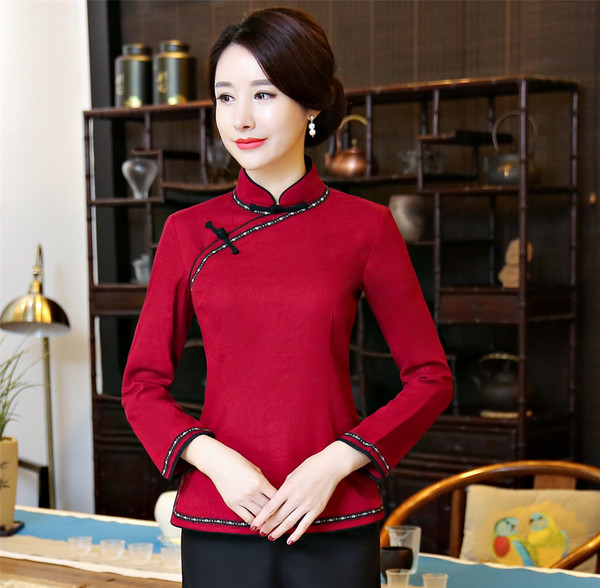 Shanghai Story Chinese Standing Collar Woman's Shirt chinese traditional top Long Sleeve cheongsam top Chinese Linen blouse