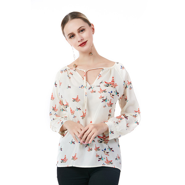 Beauty Garden Women Printing Blouse Loose Long Sleeve V-Neck Sexy Fashion Blouse Female Casual Floral Chiffon Blouse