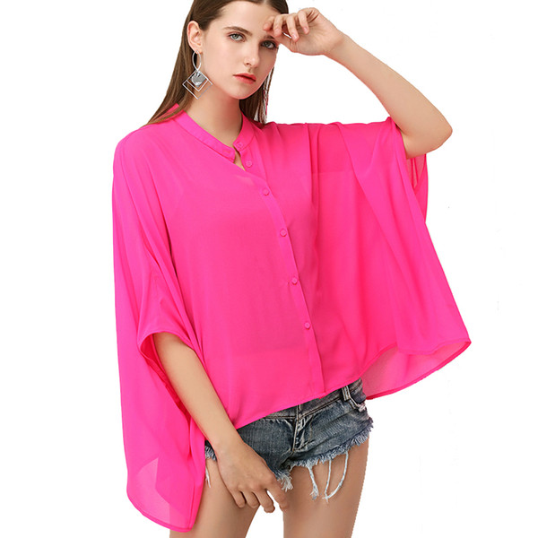 Beauty Garden Fashion Women Solid Loose Blouse Chiffion Casual Batwing Sleeve Shirt Leisure Buttons Summer