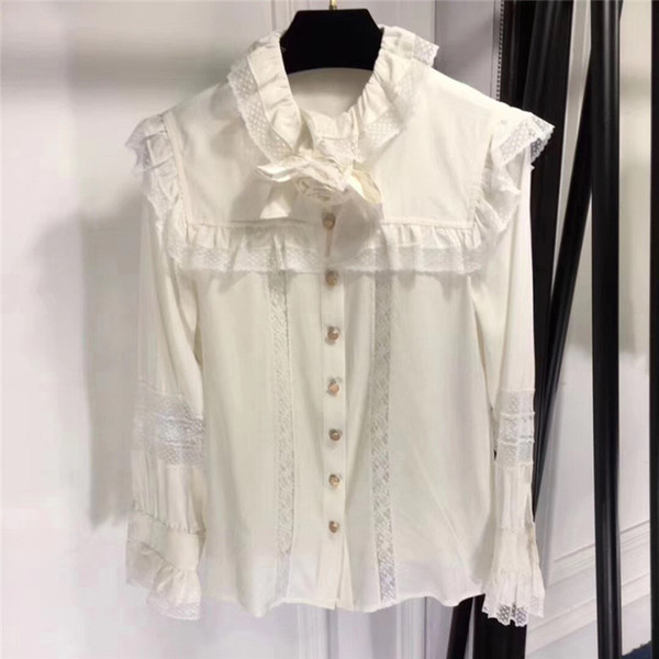 White Lace Blouse Vintage High Quality Women Long Sleeve Blouses Female Fashion Designer Long Sleeve Flower Neck Shirts Top