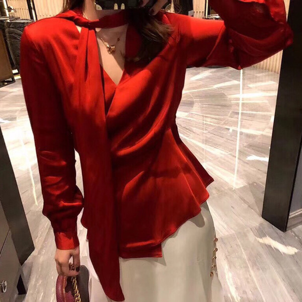 Elegant Blouses Women Runway Autumn Fahsion Bow Tie Collar Blouse V-neck Long SleeveTops Front Button Shirt Casual Ladie