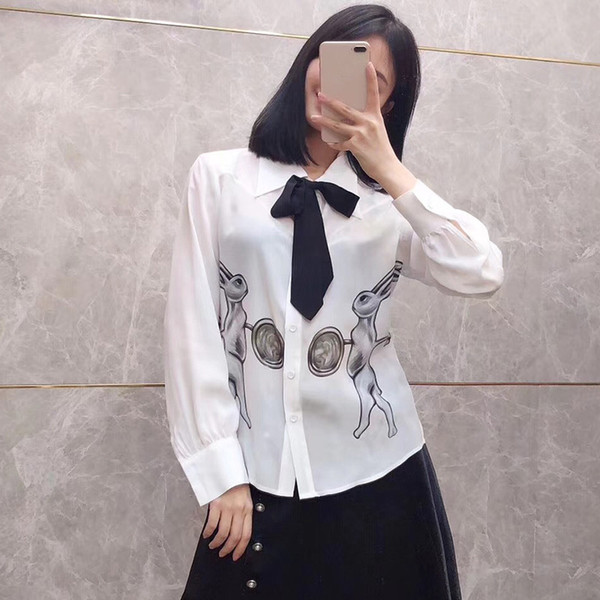 Runway Women Fashion Blouses Black Tie Shirt Tops New Style Long Sleeve Casual Printed Blouse Elegant