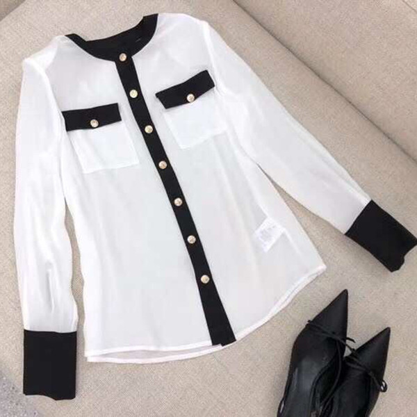 100 Silk Blouses For Women High Quality Autumn Side Stripe Buttons Top Long Sleeve O-neck Shirts