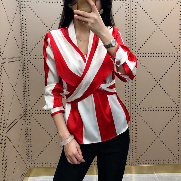 Designer Blouse For Women Top Brand White Red Striepd Shirts Blouses Casual Fashion Autumn Cross Criss Shirt