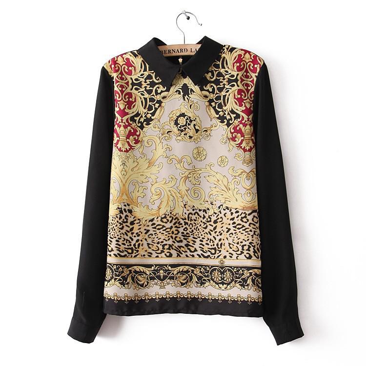 NEW ARRIVAL WOMEN TURN DOWN COLLAR EURO FASHION TOTEM PRINT CHIFFON WOMEN'S BLOUSE