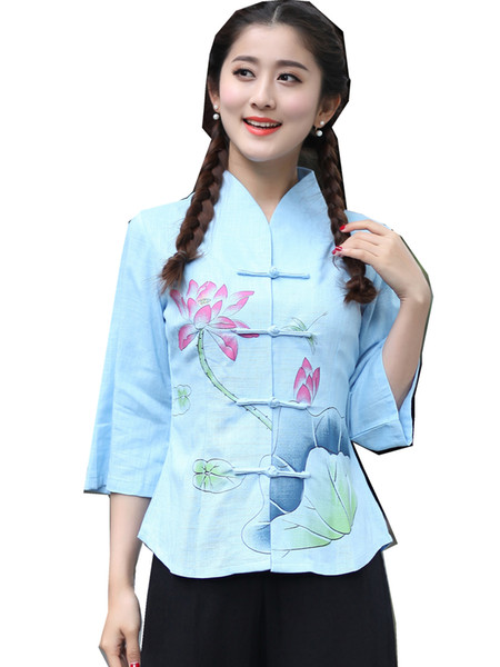 Shanghai Story Chinese Traditional Top Flower Printed Cheongsam Tops Bracelet Sleeve Shirt for Women Chinese Tee 3 Color