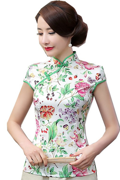 Shanghai Story New Sale traditional chinese tops Short Sleeve cheongsam top traditional Chinese Top Faux Silk Blouse top