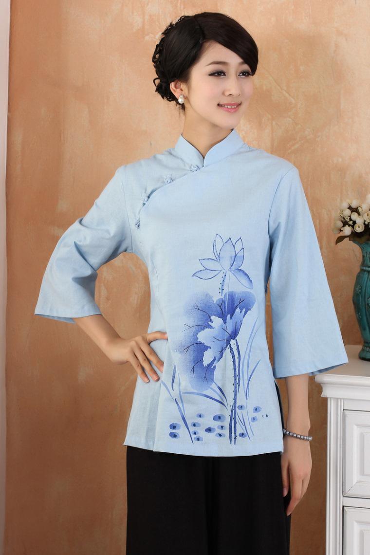 Shanghai Story New Arrival Qipao Shirt mandarin collar traditional Chinese tops Linen Top Lotus printed blouse chinese Blouses