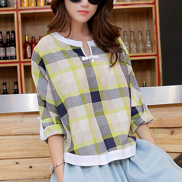 Shanghai Story Chinese Style Fashion Women Blouses Plaid Shirts Half Sleeve Casual Women Shirt Linen Top