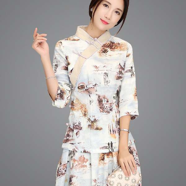 Shanghai Story Chinese Style Fashion Women Blouses 3/4 Sleeve Chinese Shirts Hanfu Top Casual Women Shirt Linen Top