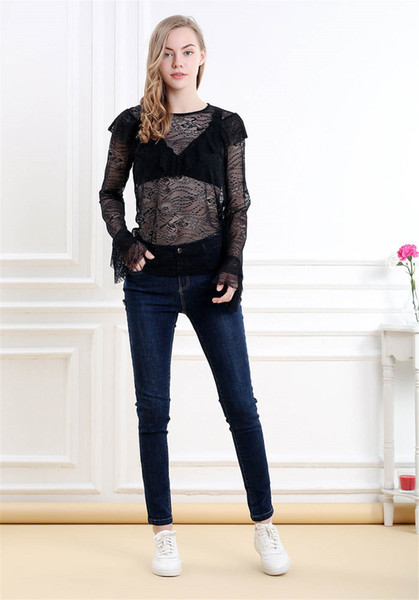 Vero Viva Women Lace Floral Mesh See Through Shirt Top Long Sleeve Casual Blouse