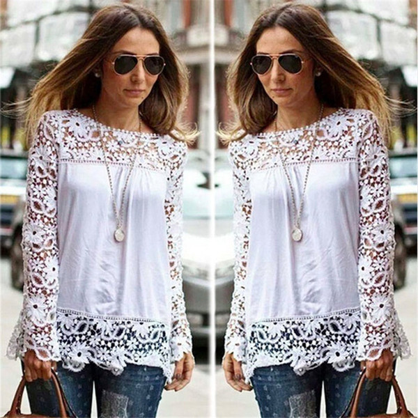 7XL Plus size Women Chiffon Blouses Shirts Long Sleeve Tops Lace Blouses Hollow out Crochet Blusas Femininas 16 Colour 2018 Fashion DH112