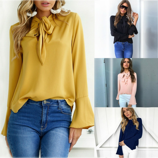New Womens Blouse Shirt Chiffon Blouse Elegant Long Sleeve Shirt with Bow Tie Office Lady Wear Female Tops CL051