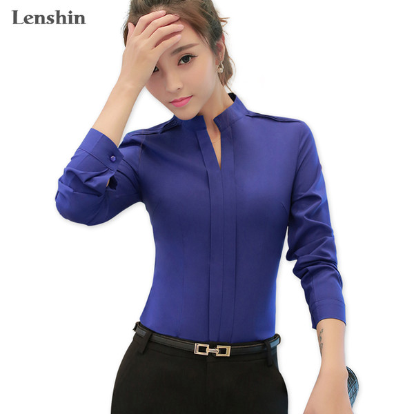 Lenshin Blue Shirt Women Wear Office Lady V-Neck Collar Blouse Professional Top