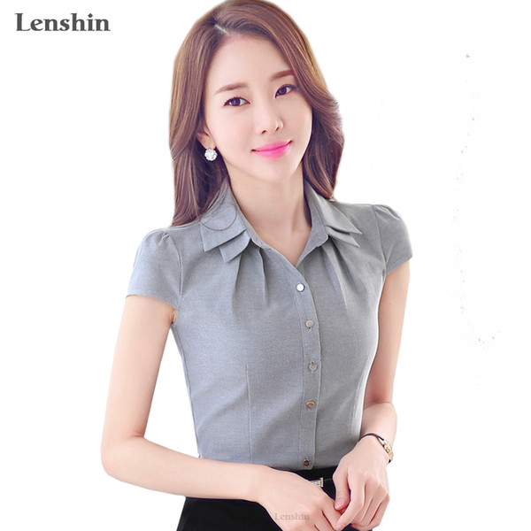 Gray Cotton Shirt Casual Style New Fashion Short Sleeve turn down collar Blouse Tops Women Summer Office Ladies top