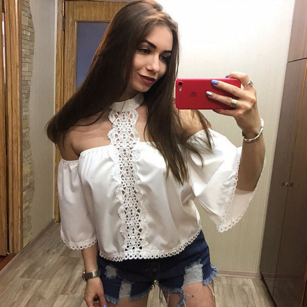 Patchwork Hollow Out Flare Sleeve Half Chiffon Polyester Rushed Real Body Plus Size Women Blouses Women's Wear Hollow Tops